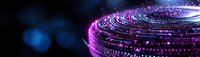 Glowing purple and blue digital spiral of light particles against dark background, creating futuristic technology concept.