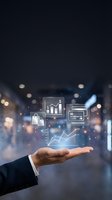 Businessman hand presenting digital commerce icons with charts and shopping symbols floating above palm in blurred office environment for fintech presentations.