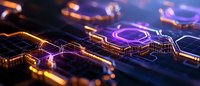 Glowing circuit board with neon orange and purple lights creating futuristic technology pattern, macro photography with shallow depth of field and bokeh effect.