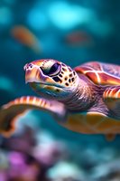 Close-up portrait of sea turtle swimming in turquoise ocean water, showing detailed shell pattern and facial features in vibrant colors against blurred background.