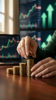 Businesswoman hands stacking golden coins with rising financial charts and green arrows on monitors showing investment growth and profit success.