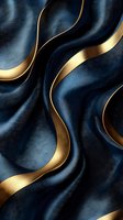 Luxurious navy blue silk fabric with flowing golden ribbons creating elegant waves and curves for premium design projects and sophisticated branding.