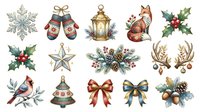 Festive holiday ornaments and decorations including snowflakes, mittens, lantern, squirrel, holly, cardinal, star, bell, bows, and antlers isolated on white background for seasonal design projects.