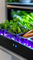 Fresh lettuce and carrots in smart refrigerator drawer with LED lighting, modern kitchen appliance technology for food storage and preservation.