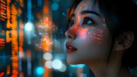 Young Asian woman illuminated by digital projections showing financial data and stock market information against dark background with glowing bokeh lights.
