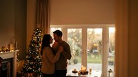 Young couple dancing together in cozy living room during Christmas holidays with decorated tree and warm candlelight creating romantic festive atmosphere.