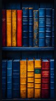 Old vintage books arranged on wooden shelves, featuring worn leather-bound volumes in deep blue, golden yellow and burgundy red colors against dark background.