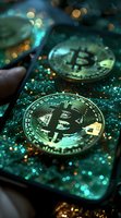 Cryptocurrency coins on digital background with glowing turquoise and gold bokeh lights creating magical atmosphere for finance and technology concepts.