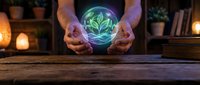 Hands holding glowing neon plant sphere on wooden table with warm ambient lighting, symbolizing eco-friendly innovation and sustainable technology concepts.