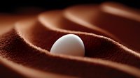 White sphere nestled in smooth chocolate powder curves creating sensual contrast between creamy white and rich brown textures for dessert photography.