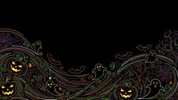 Ornate Halloween border with carved pumpkins, flying bats and decorative swirls on black background for spooky seasonal designs and party invitations.