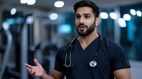 Young Middle Eastern male medical professional in navy scrubs and stethoscope gesturing while speaking in modern healthcare facility with blurred background lighting.