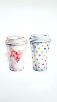Two watercolor coffee cups with takeaway lids isolated on white background. Left cup features red heart design, right cup displays colorful polka dots. Suitable for cafe branding, beverage packaging, and design projects.