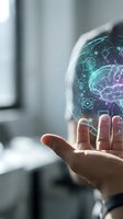 Hand holding glowing digital sphere with brain and tech icons, representing artificial intelligence, innovation, and future technology concepts for business and science applications.