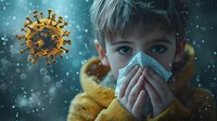 Young Caucasian boy wearing protective face mask with floating virus particle in turquoise background with bokeh lights and snowflakes, medical concept for flu season.