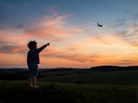Child standing in open field at sunset, pointing at airplane flying overhead during golden hour. Silhouetted figure against colorful sky for travel, aviation, and childhood wonder concepts.