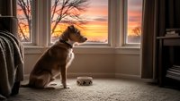 Golden retriever dog sitting by window watching colorful sunset sky. Cozy home interior with warm lighting creates peaceful domestic scene for pet care concepts.