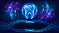 Glowing neon tooth icon with energy waves on dark blue background. Digital dental care concept for medical technology and oral health applications.