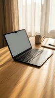 Modern laptop computer on wooden desk with coffee mug and notebook in warm sunlit home office workspace for remote work and productivity.