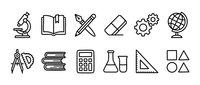 Educational school supplies and academic tools line icons set isolated on white background for learning materials and study resources.