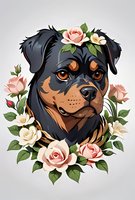 Rottweiler dog portrait surrounded by delicate pink and white roses with green leaves on light background. Artistic pet illustration for decorative prints.