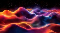 Vibrant digital wave landscape with glowing orange and blue neon lines flowing across dark background, creating dynamic abstract terrain with particle effects.