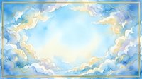 Soft watercolor sky background with fluffy clouds in blue, lavender, and gold tones, framed by a golden border, perfect for cards and invitations.