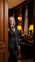 Confident mature businesswoman in elegant suit standing in luxury hotel lobby with warm lighting and rich wood paneling for corporate travel concepts.