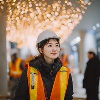 Young Asian female construction worker in safety vest and hard hat smiling at worksite with warm bokeh lights creating festive atmosphere.