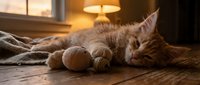 Tabby cat relaxing on wooden floor with yarn balls and knitted blanket, cozy home interior with warm lighting for pet lifestyle and comfort themes.
