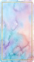 Soft watercolor wash in pastel tones of blue, purple, and pink with gold frame border, isolated on white background for design projects, invitations, and creative layouts.