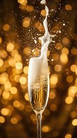 Champagne flute with sparkling wine splashing upward against golden bokeh background, celebrating festive occasions, New Year's Eve, weddings, and luxury events.