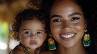 Young African American woman with curly hair and gold hoop earrings smiling while holding a toddler with curly hair. Mother and child portrait for family, parenting, and lifestyle content.