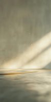 Minimalist abstract landscape with diagonal light beams and golden lines on reflective surface. Soft gray and beige tones create serene atmosphere.