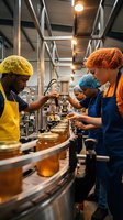 Diverse team of food production workers in hairnets and aprons operating industrial equipment in modern manufacturing facility with overhead lighting.