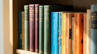 Colorful collection of vintage books arranged on wooden shelf creating cozy library atmosphere for reading and education concepts.