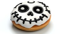 Halloween skull face donut with white icing and black stitched smile isolated on white background for spooky seasonal dessert designs and party treats.