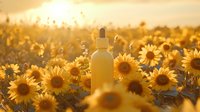 Glass dropper bottle with natural cosmetic oil in blooming sunflower field at golden sunset light, organic skincare and wellness concept.