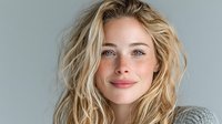Young blonde Caucasian woman with wavy hair smiling warmly at camera against neutral background for lifestyle and beauty content.
