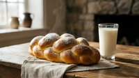 Fresh baked challah bread with golden crust on rustic wooden table beside glass of milk in cozy kitchen setting with natural lighting and homestyle atmosphere.