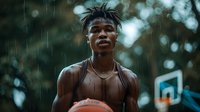 Young African American male athlete holding basketball in the rain, emotional outdoor sports portrait with natural bokeh and basketball hoop in background.