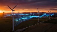 Wind turbines generating renewable energy with glowing blue light trails at sunset over rolling hills creating sustainable power grid visualization.
