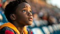 Young African American boy in orange life vest gazing upward with hopeful expression at sports stadium, blurred crowd background creates inspiring atmosphere.