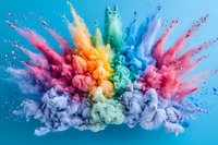 Vibrant explosion of colorful powder paint creating dynamic cloud formation against turquoise background, with rainbow hues bursting outward in dramatic splash pattern.