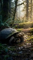 Giant tortoise walking on forest floor covered in moss and fallen leaves, surrounded by tall trees and dappled sunlight filtering through canopy.