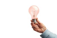 Hand holding glowing incandescent light bulb with warm pink hue against white background, symbolizing innovation and bright ideas.