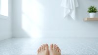 Clean bathroom floor with bare feet showing relaxation and self-care routine. Modern minimalist interior design with natural light for wellness lifestyle.