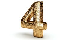 Golden metallic number four with aged texture and weathered patina effect on white background, isolated design element for creative projects.