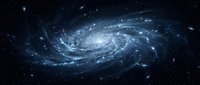 Spiral galaxy with glowing blue and white stars rotating in deep space, surrounded by distant galaxies and cosmic dust clouds for astronomy and science backgrounds.