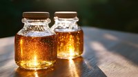 Two glass jars filled with golden honey sitting on wooden surface with warm sunlight creating amber glow, natural organic sweetener for cooking and baking.
